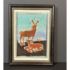 Vintage Framed Batik Art of Deers on Fabric